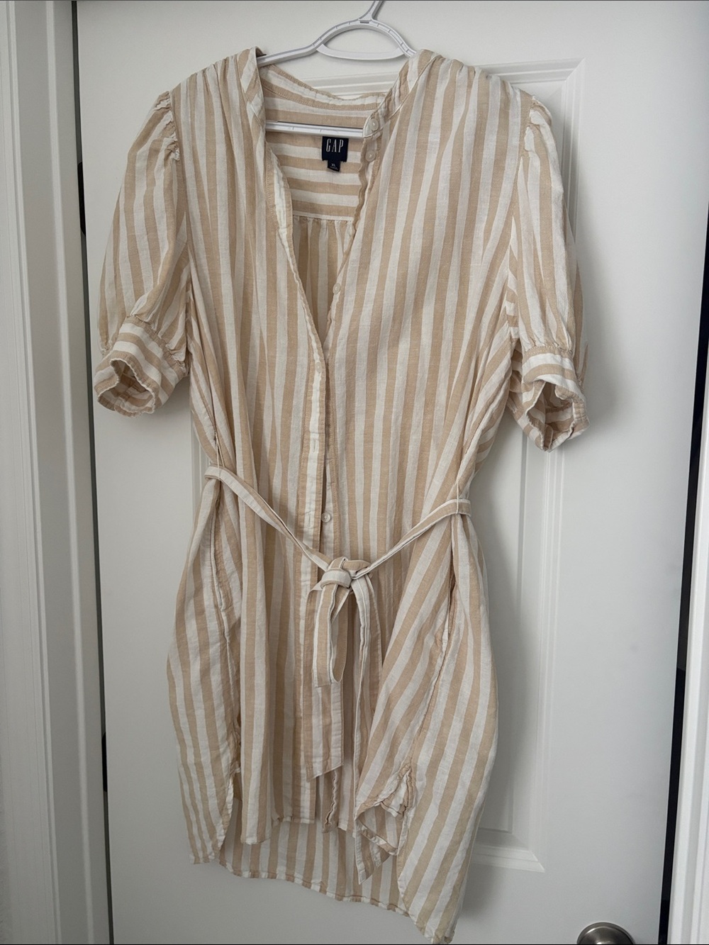 GAP Beige and White Striped Belted Mini Shirt Dress